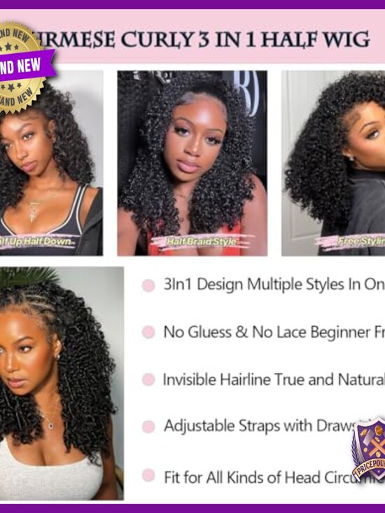 Human Hair Half Wig 20 Inch Glueless Kinky Curly 250% Density Beginner Friendly main image 5